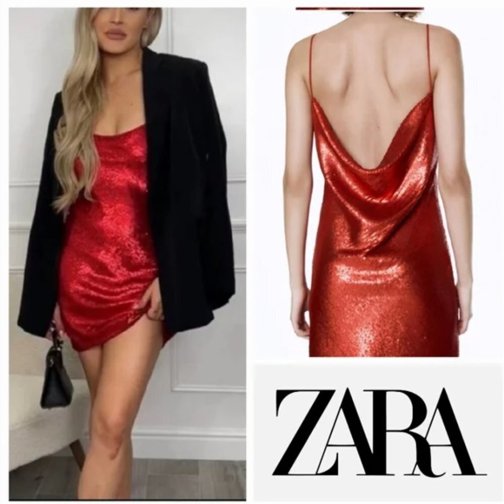 ZARA Red Sequin Cowl Back Spaghetti Strap Mini Dress Size M NEW WITH TAG!